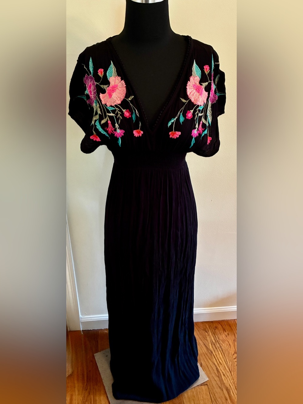NWOT Accessorize Black Maxi Dress with Pink & Teal Floral Embroidery